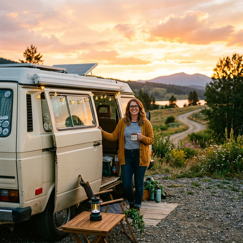 Woman standing outside camper van holding a mug with string lights and sunset in background