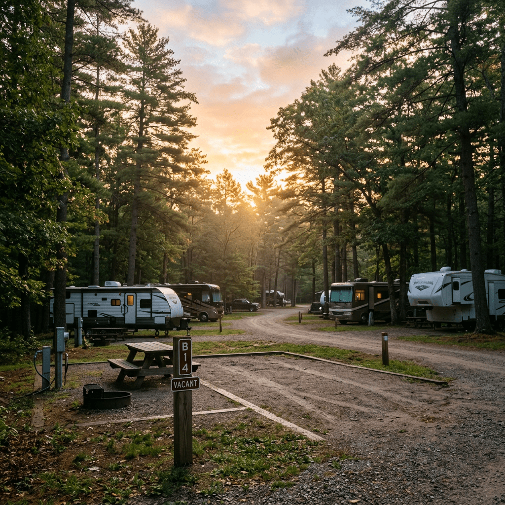Vacant RV campsite B14 with picnic table surrounded by parked RVs and tall trees at sunset