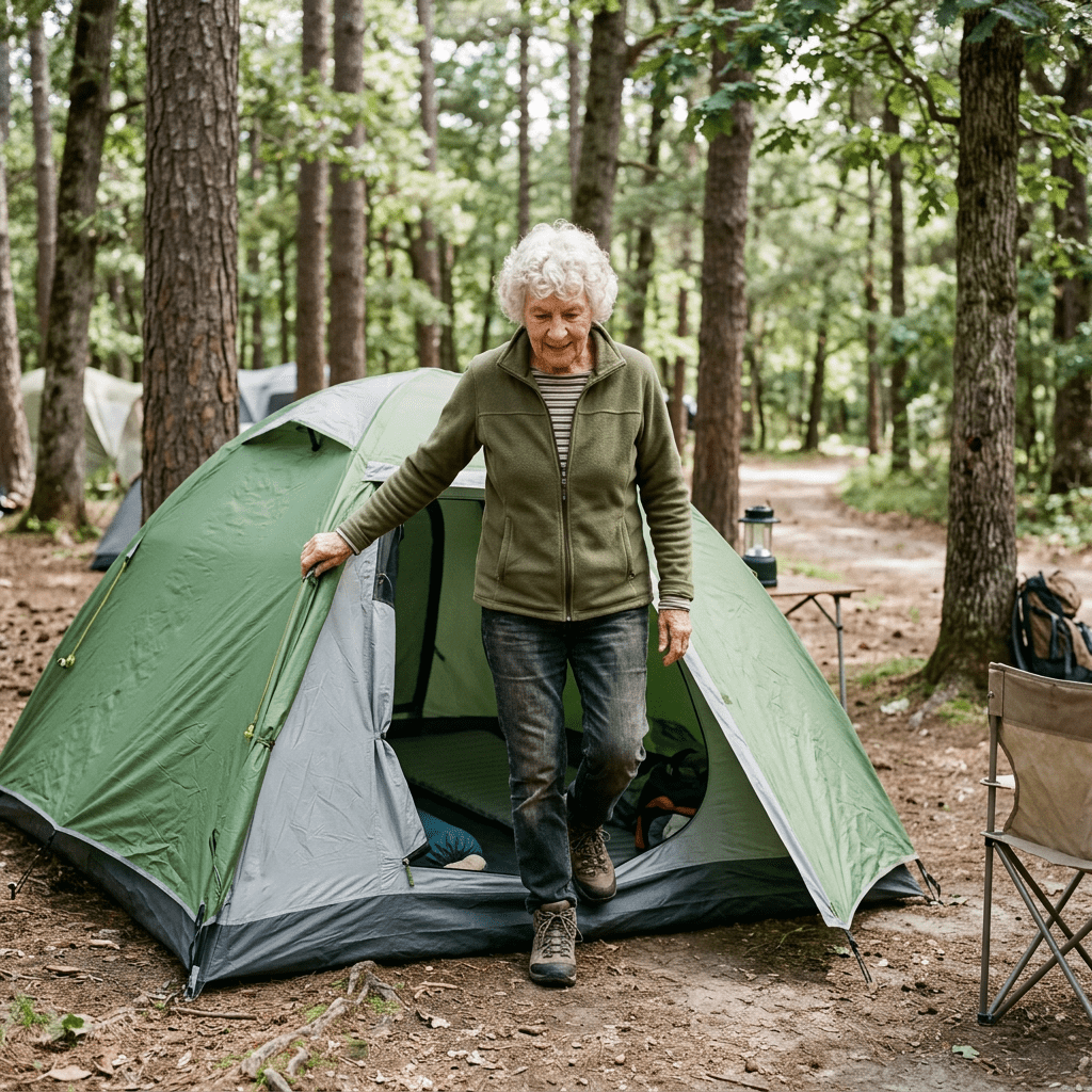 Elderly woman exiting green camping tent in wooded area