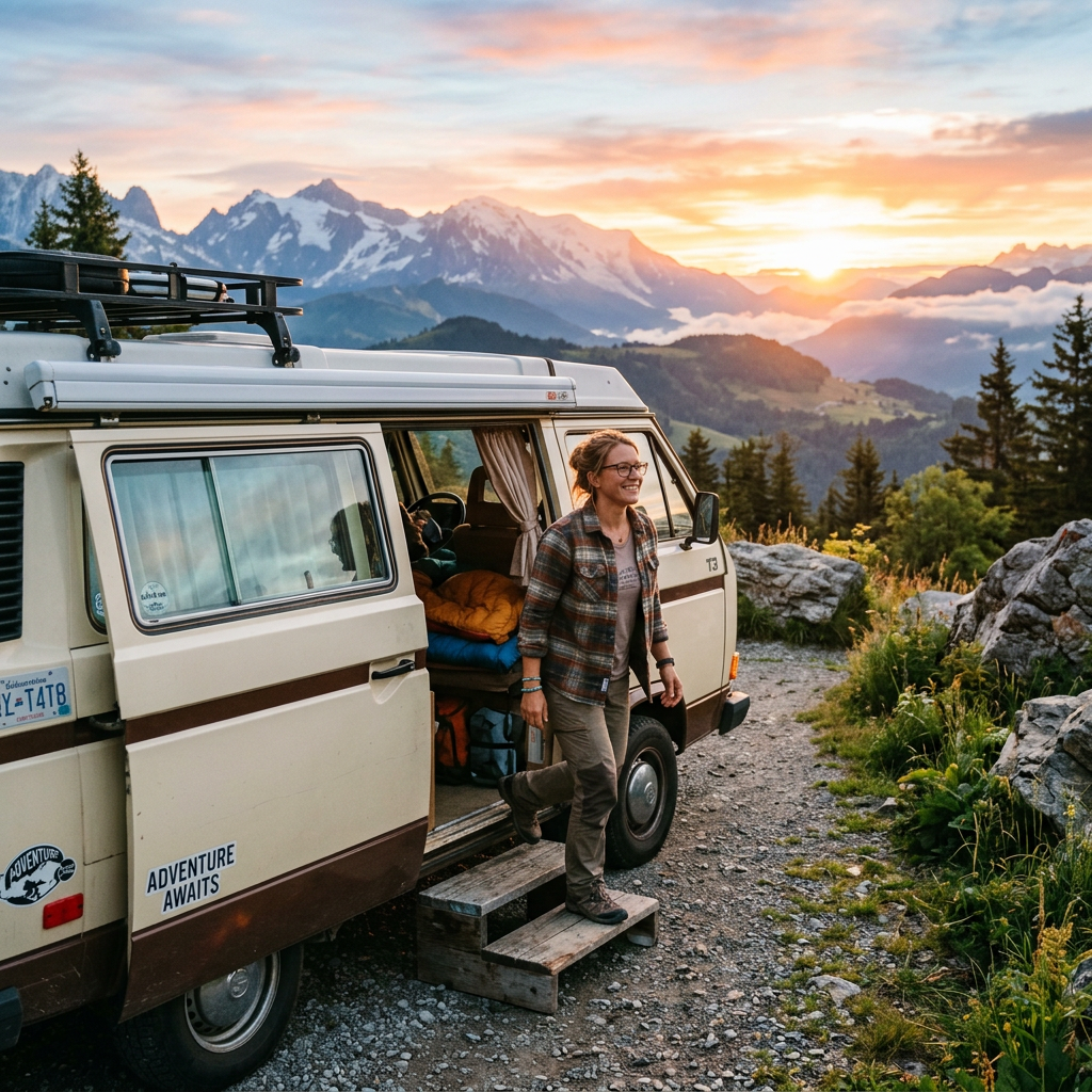 Woman stepping out of a camper van with mountains and sunrise in background