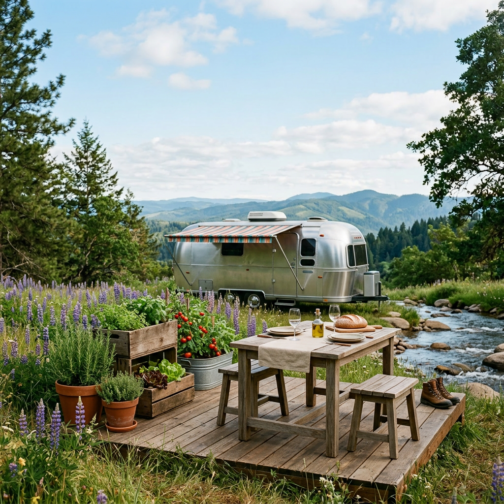 Wooden table with bread, wine glasses, potted plants, and a camper trailer near a stream