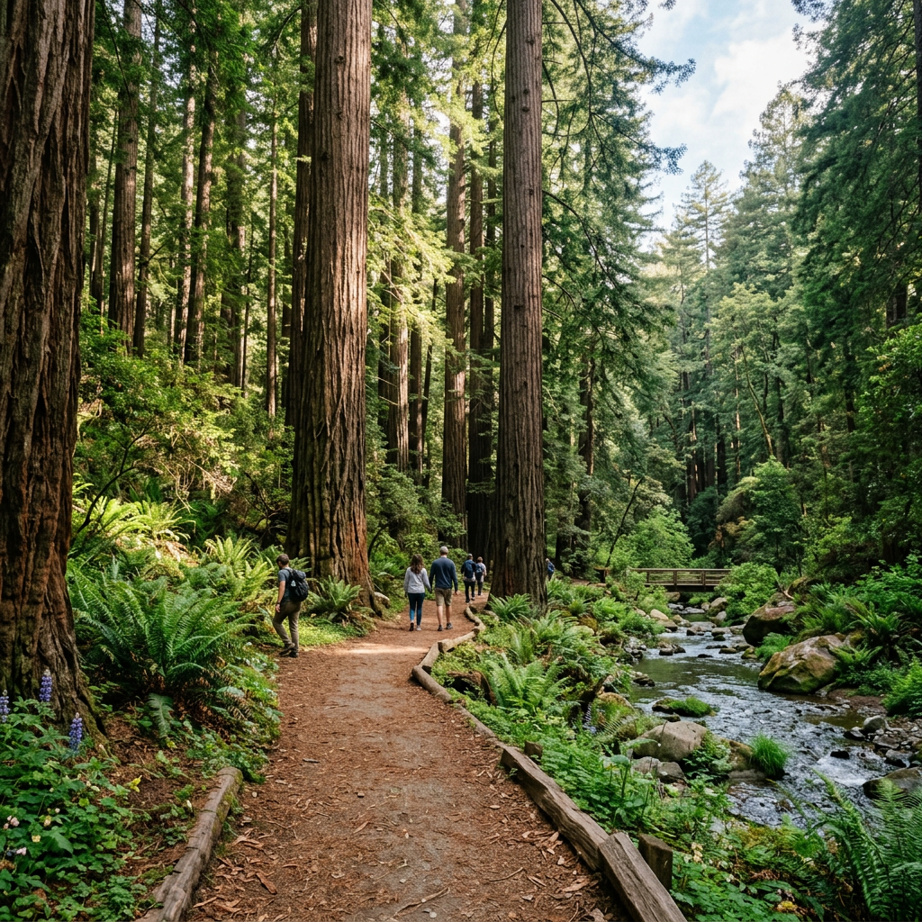 Hikers walking a forest trail beside a creek beneath towering redwood trees