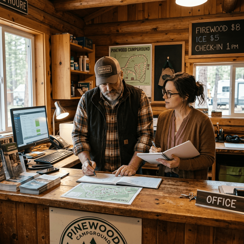 Two people completing campground check-in paperwork at a Pinewood Campground office counter