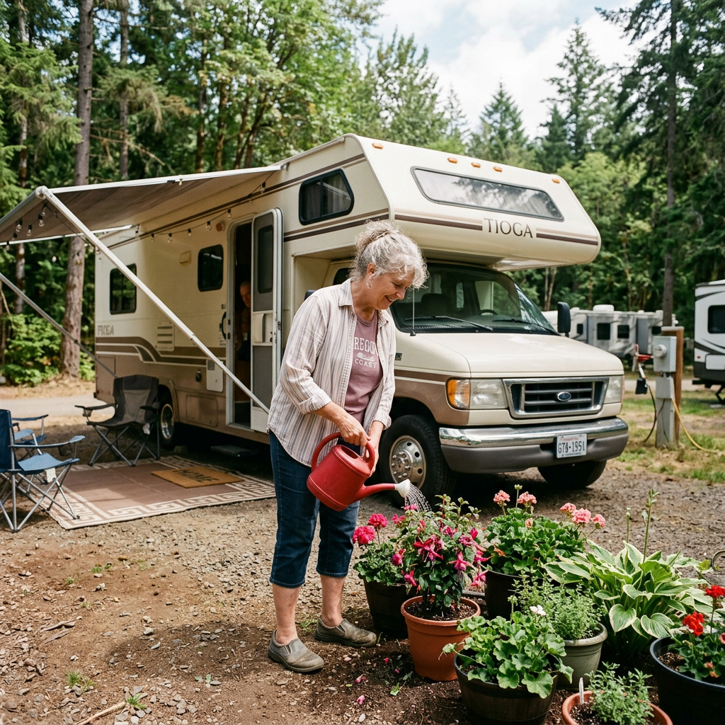 Person watering potted flowers beside a Tioga motorhome