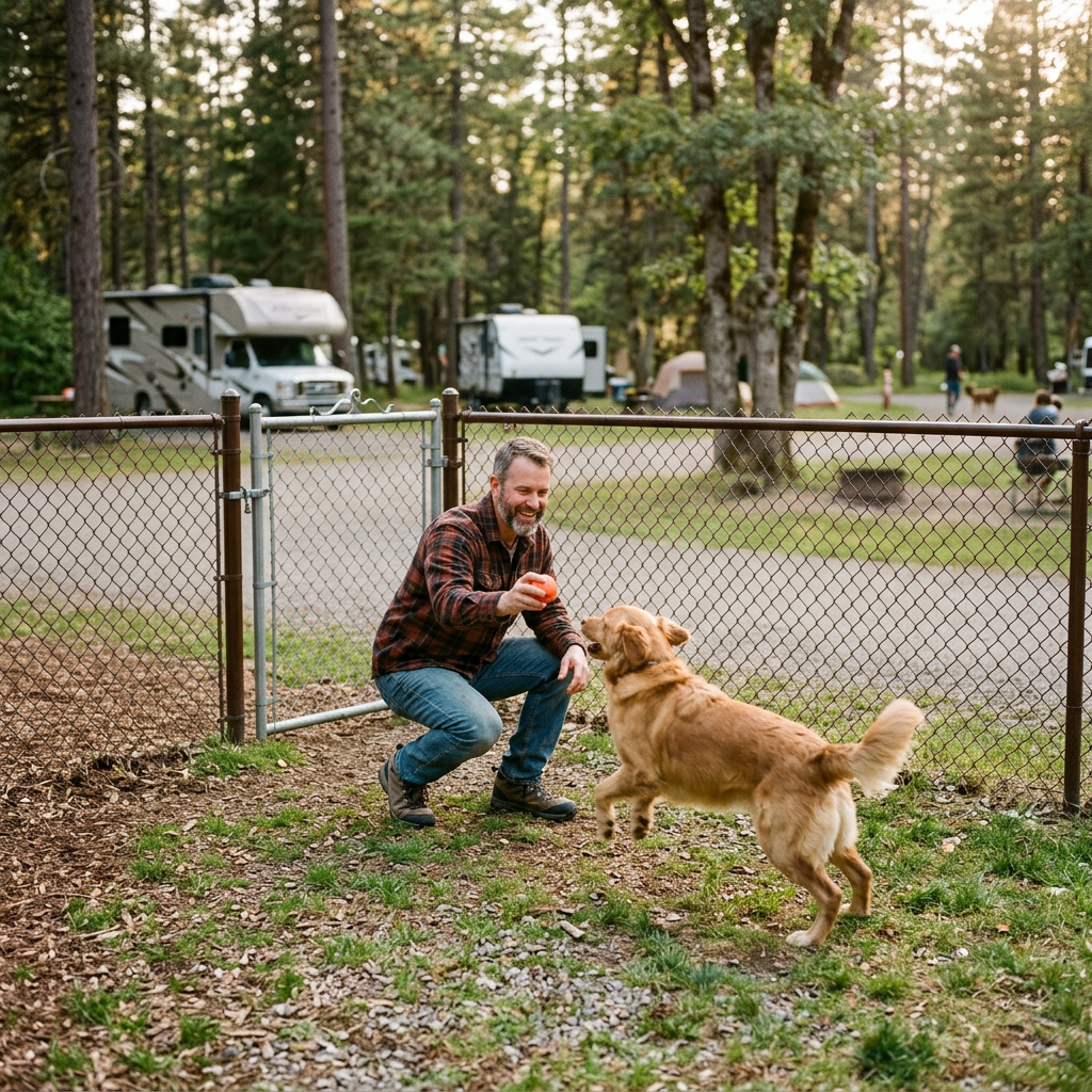 Man playing fetch with a golden retriever in a fenced campground