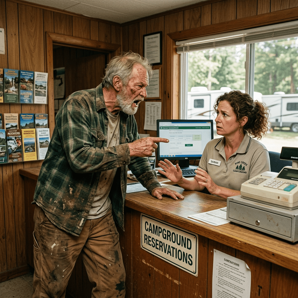 Visitor points while campground employee responds at reservations desk
