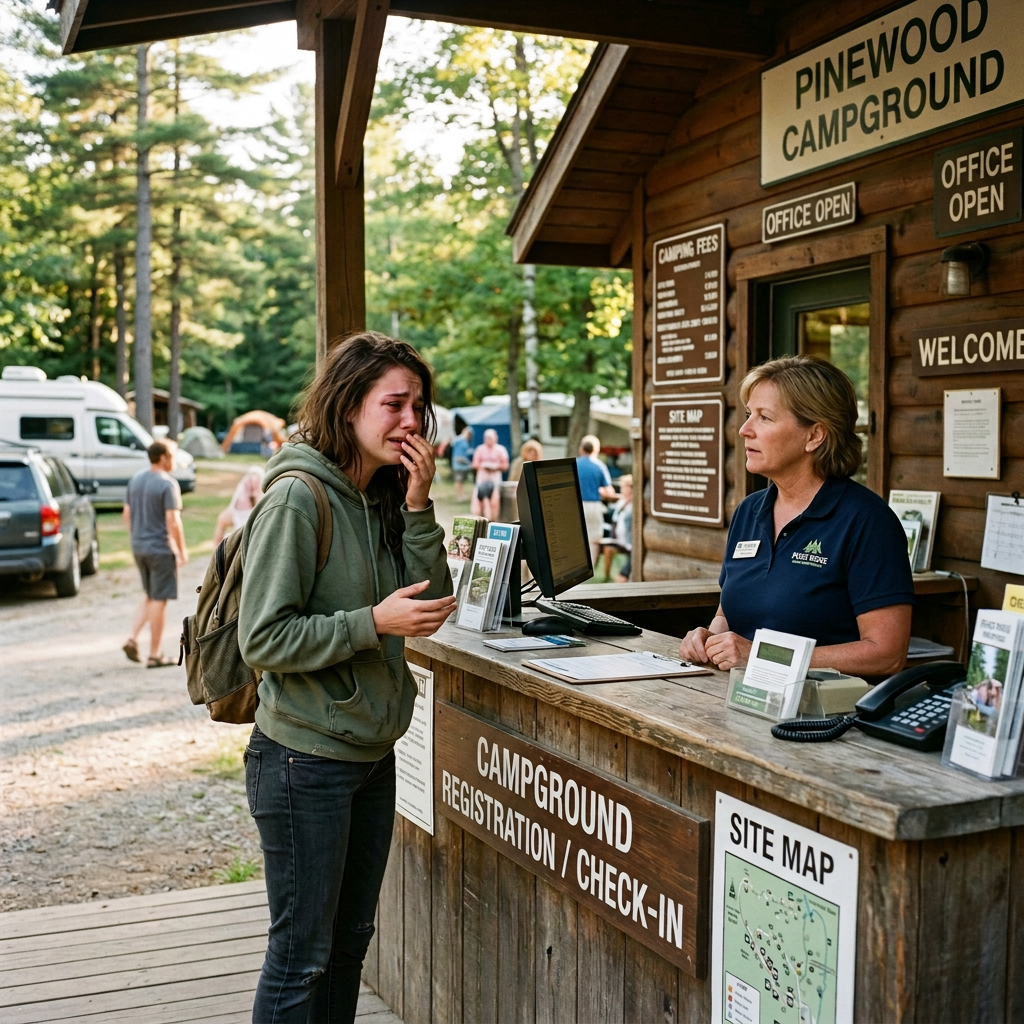 Pines Ridge campground check-in assistance Visitor speaking with campground employee at Pines Ridge registration desk