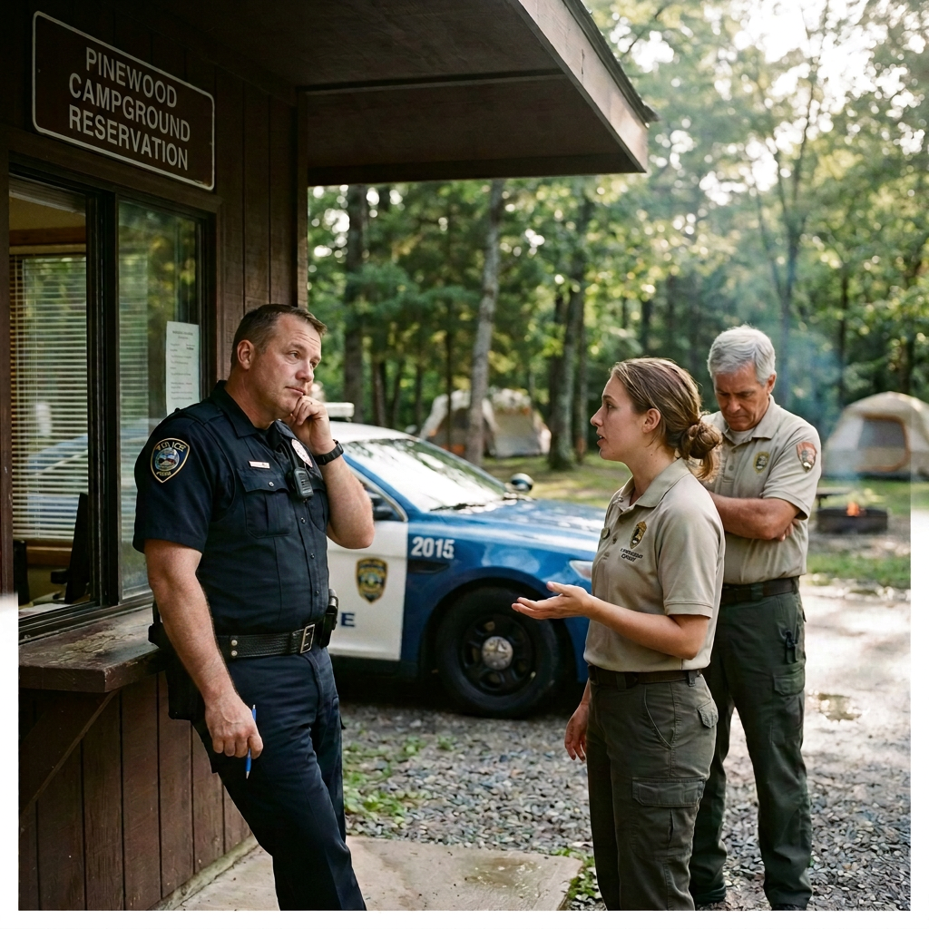 Campground registration and ranger coordination Police officer speaks with two campground staff outside Pine Creek registration office