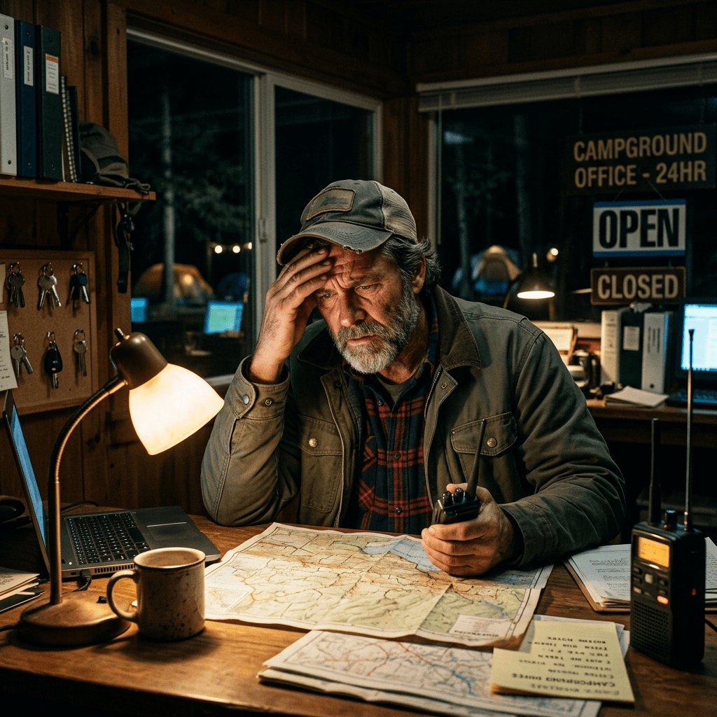 Campground office attendant with maps and radio; signs read CAMPGROUND OFFICE - 24HR, OPEN, CLOSED