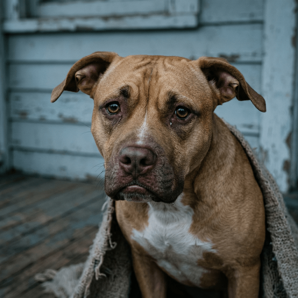 Brown-and-white dog wrapped in a blanket, looking at the camera