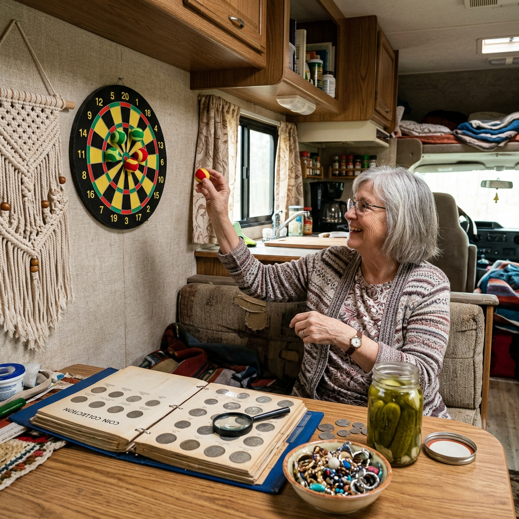 Woman holding a dart beside a dartboard inside a motorhome
