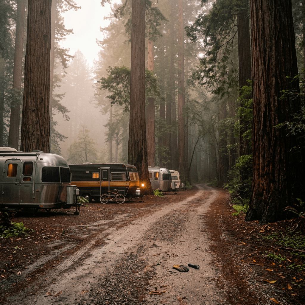 Trailers parked beside a misty road in a redwood forest