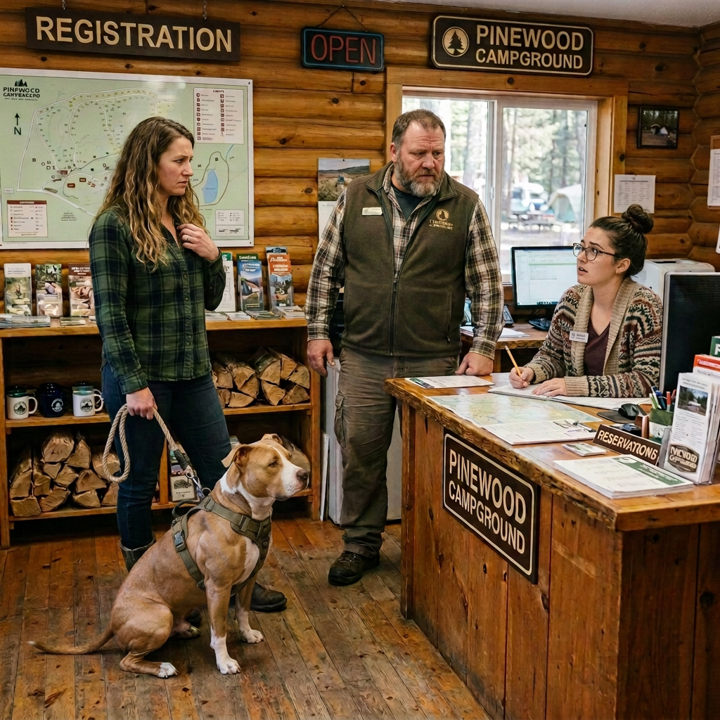 Welcoming Pinewood Campground Registration Office Camper with dog speaking to staff at Pinewood Campground registration desk